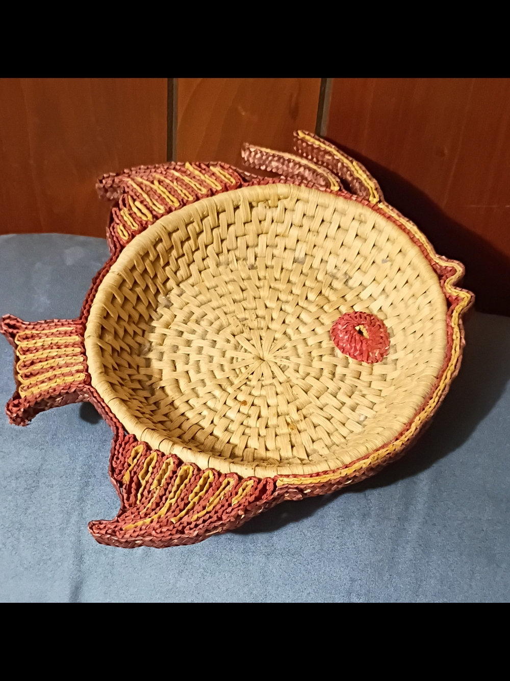 Handwoven Natural and Red Fish-Shaped Decorative Basket